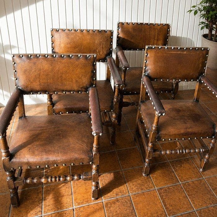 Fauteuil (4) - Eik - 4 Spaanse Barok 1880, Antiquités & Art, Antiquités | Autres Antiquités
