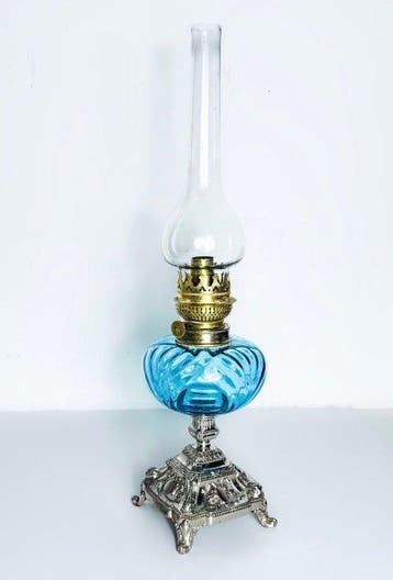 Théodore - Lampe à pétrole - Plaqué(e) argent, Verre, Antiek en Kunst
