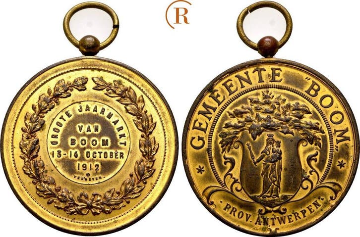 Vergoudete brons medaille 1912 Belgie: Antwerpen Stadt:, Timbres & Monnaies, Pièces & Médailles, Envoi