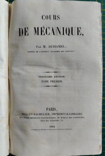 Jean-Marie Constant Duhamel - Cours de mécanique - 1862-1863