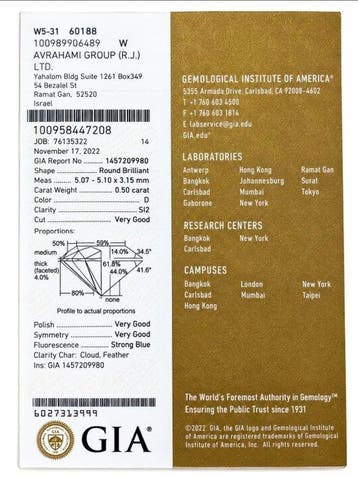 1 pcs Diamant (Natuurlijk) - 0.50 ct - Rond - D (kleurloos), Nieuw