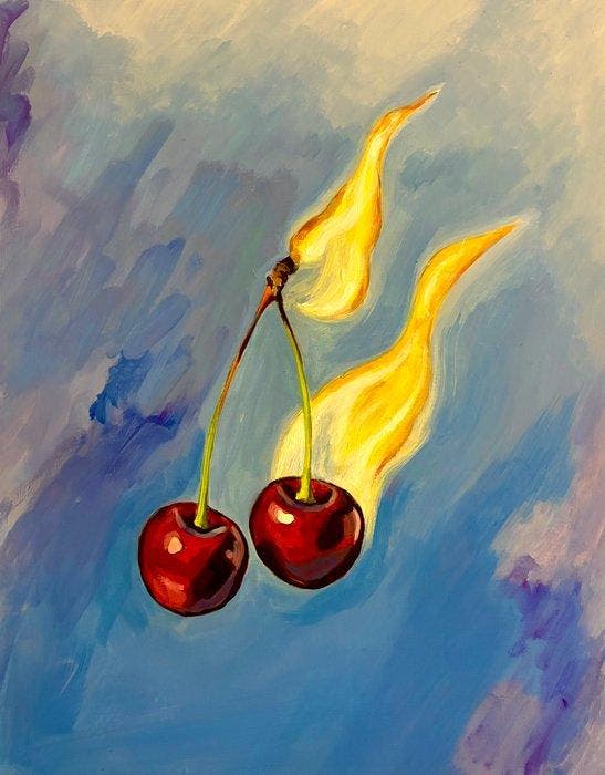 Antonio Valenzuela - Cherries in the blue sky, Antiquités & Art, Art | Peinture | Moderne
