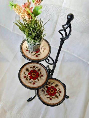 Bijzettafel - Smeedijzer - Vintage bloemen-etagère van
