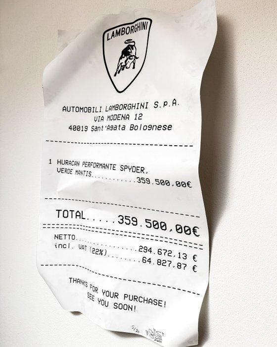 Louis Michel Krüger - Lamborghini Reciept (Dirty), Antiquités & Art, Art | Peinture | Moderne