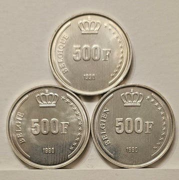 België. Baudouin. Lot of 3 Silver 500 Francs 1990 – 60th