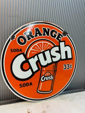 Orange Crush Soda 33¢ – Rond Emaille Reclamebord – Vintage