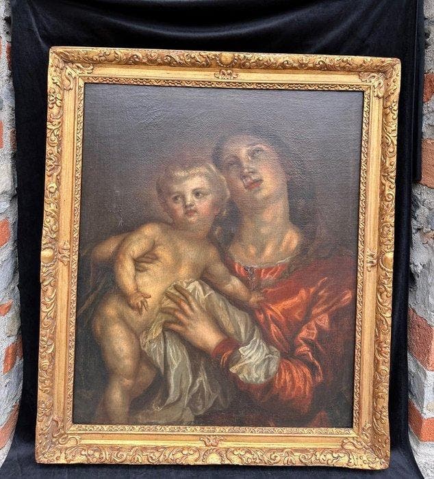 Anthony Van Dyck (1599-1641), Navolger van - Madonna con, Antiek en Kunst, Kunst | Schilderijen | Klassiek
