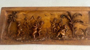 Reliëf, Baccanale di Putti in Paesaggio Bucolico con Palma -