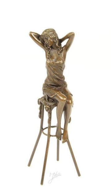 sculptuur, Graceful Bronze Sculpture of Lady on Bar Stool –