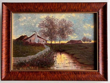 Europese school (XX) - Flusslandschaft mit Bauernhof in der