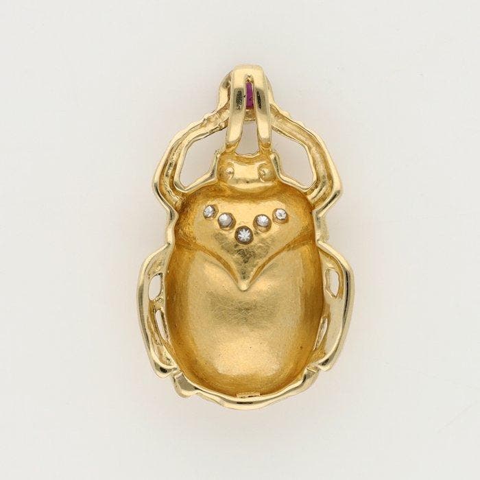 Hanger - 14 karaat Geel goud Robijn - Diamant - scarabee, Bijoux, Sacs & Beauté, Bijoux anciens