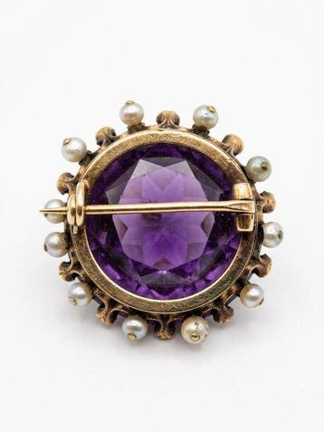 Bijou broche - 18 carats Or jaune, Pearl Améthyste - Diamant