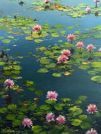 Emre Kinali (XXI) - Pink water lilies, Antiek en Kunst, Kunst | Schilderijen | Modern