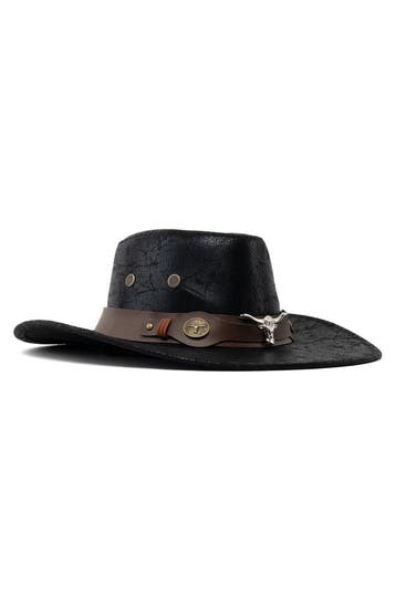 KIMU® Cowboyhoed Zwart Leer Stier Zwarte Leren Leatherlook C, Ophalen of Verzenden, Nieuw