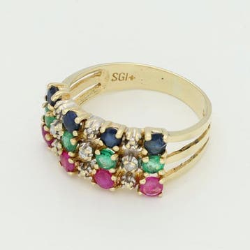 Bague - 14 carats Or jaune - Diamant - Rubis. Saphir.