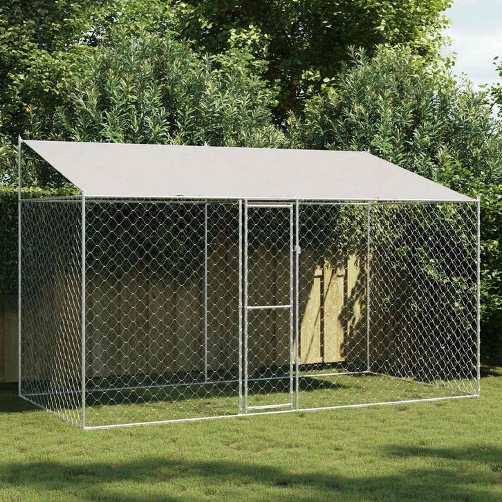 vidaXL Hondenkooi met dak Zilver 400 x 200 x 256 cm Staal en, Dieren en Toebehoren, Hondenbenches, Nieuw, Verzenden