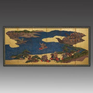 Vouwscherm met een samurai-gevecht - gelakt hout, Zijde,