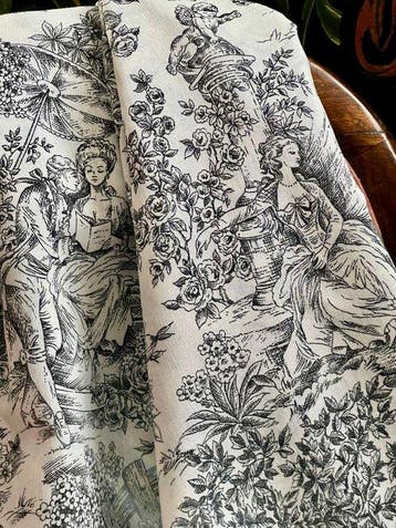 Vijf meter met dubbele breedte van toile de Jouy in wit en