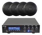 Geluidsinstallatie Met Compacte 100V Versterker En 4 Zwarte, Nieuw