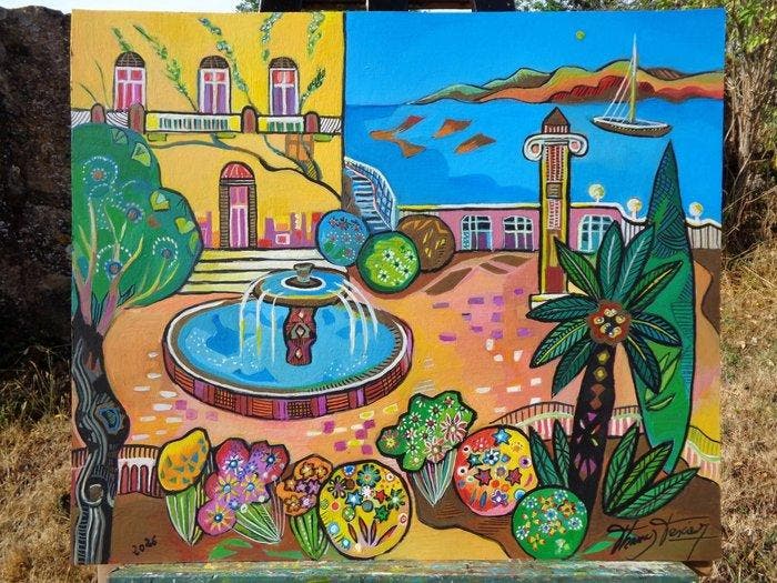 Thomas TEXIER - En Sicile : Villa et la fontaine du parc, Antiquités & Art, Art | Peinture | Moderne