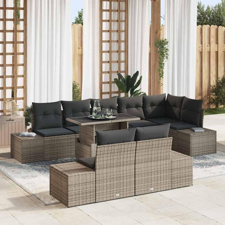 vidaXL Tuinbank Set met opslag 9 pcs Grijs Poly rattan, Tuin en Terras, Tuinsets en Loungesets, Nieuw, Verzenden