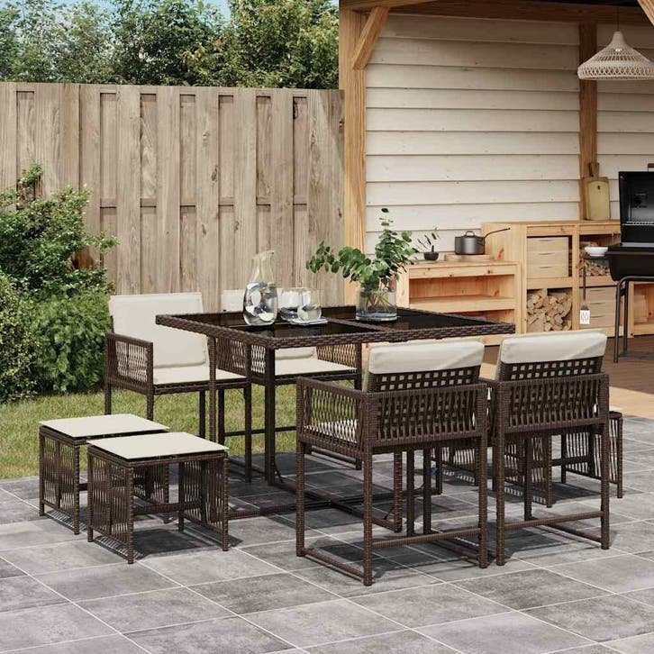 vidaXL 9-delige Tuinset met kussens poly rattan bruin, Tuin en Terras, Tuinsets en Loungesets, Tuinset, Nieuw, Verzenden