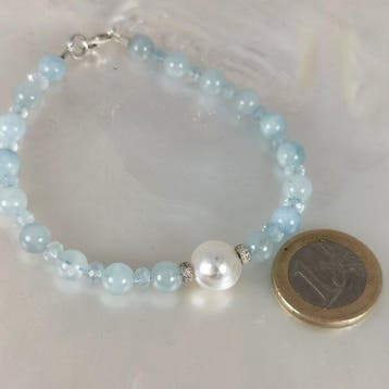 Zonder minimumprijs - Armband Zilver Parel - Aquamarijn -, Nieuw