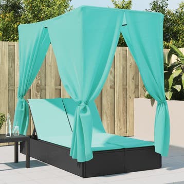 vidaXL Ligbed tweepersoons met dak en gordijn poly rattan, Verzenden, Nieuw