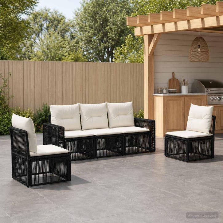 vidaXL Tuinbank Set 5 st Zwart en Crème Wit poly rattan, Tuin en Terras, Tuinsets en Loungesets, Nieuw, Verzenden