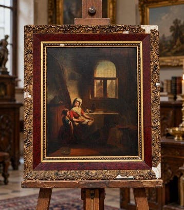 Belgische school (XIX) - Intérieur avec mère et enfant, Antiek en Kunst