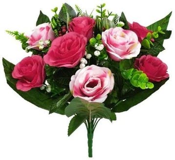 Zijden Boeket Roos Bush met bessen Pink/Wine 35 cm, Nieuw