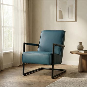 Leren fauteuil Lodge - Toledo Turquoise (blauw), Industrieel, Modern, Scandinavisch, Nieuw, Ophalen of Verzenden, 50 tot 75 cm
