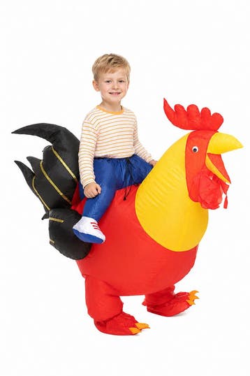 KIMU® Opblaas Kostuum Kinderen Zittend op Haan Rood Geel 122, Ophalen of Verzenden, Nieuw