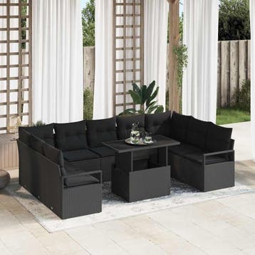 vidaXL Tuinbank Set 10 st Zwart Poly rattan, Tuin en Terras, Verzenden, Nieuw
