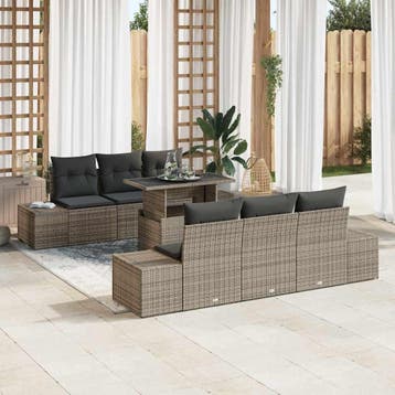 vidaXL Tuinbank Set 7 st Grijs Poly Rattan en Poedergecoat, Verzenden, Nieuw