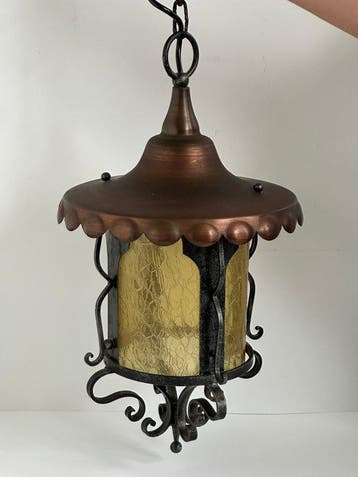Lamp - Koper, glas - geel amber kleurige glas , metaal /
