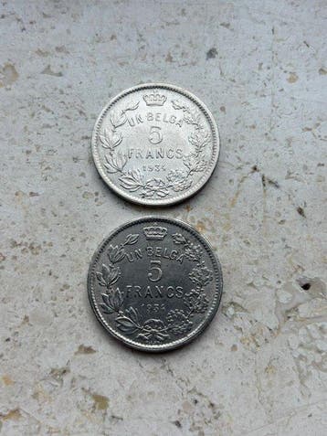 België. Albert I. 5 Francs 1934 positie A + B (Zonder, Postzegels en Munten