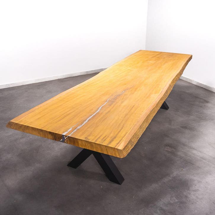 Boomstamtafel, Eettafel 330x112 massief hardhout, metaalpoot, Huis en Inrichting, Tafels | Eettafels, 100 tot 150 cm, 200 cm of meer