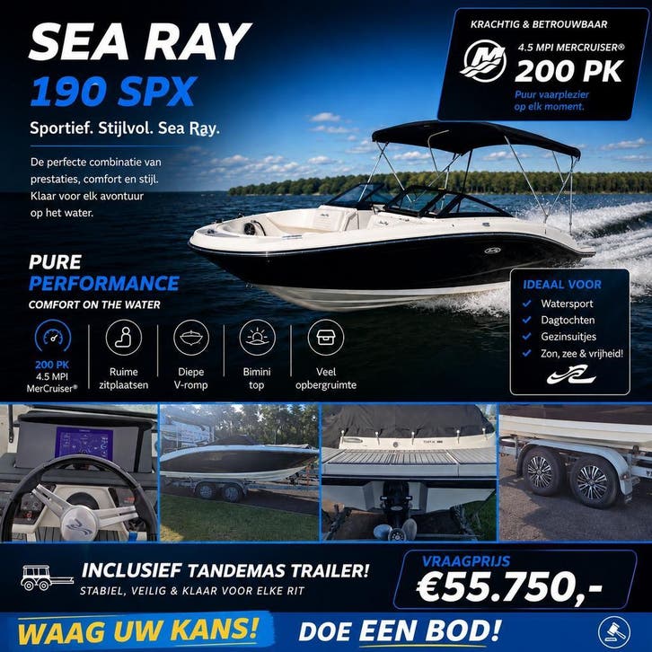 SEA RAY 190 SPX _ Full option, Watersport en Boten, Speedboten, Binnenboordmotor, 200 pk of meer, Elektrische start, Viertaktmotor