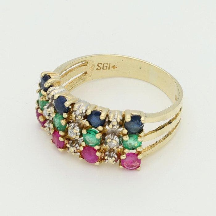 Ring - 14 karaat Geel goud - Diamant - Robijn. Saffier., Bijoux, Sacs & Beauté, Bagues