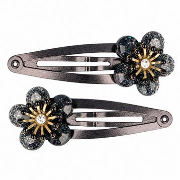 Haarspeld Klikklak 5cm - Bloem - Glitter Steentjes - Zwart -, Nieuw