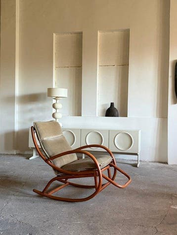 Chaise à bascule - Bambou, Velours, Antiquités & Art