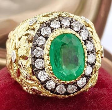 Bague - 18 carats Or jaune, Argent Émeraude - Diamant, Bijoux, Sacs & Beauté
