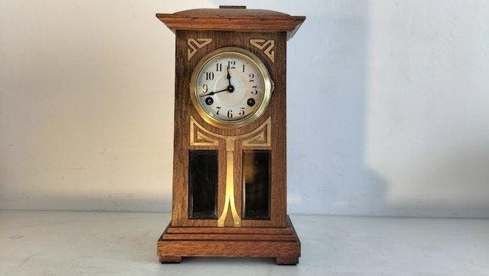 Tafelklok - Art Deco Messing, Glas, eikenhout-Junghans -, Antiek en Kunst, Antiek | Klokken