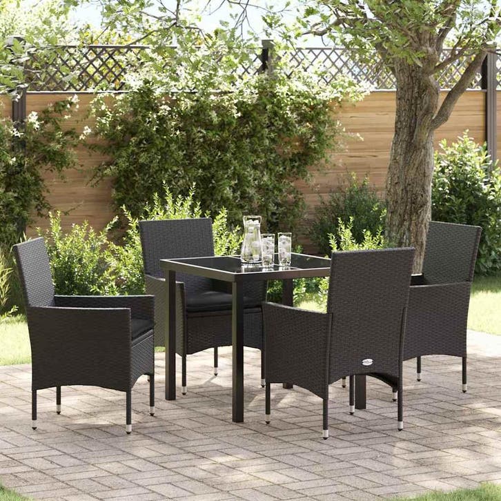 vidaXL Tuin Eettafel Set met kussen 5 pcs Zwart poly rattan, Tuin en Terras, Tuinsets en Loungesets, Nieuw, Verzenden
