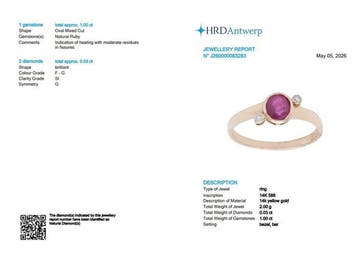 Ring - 14 karaat Geel goud - 1.03ct. tw. Robijn - Diamant, Nieuw