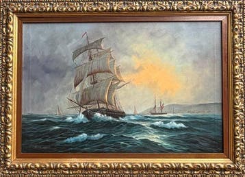 David Short (b.1940-) - Ship At Full Mast At Sunset