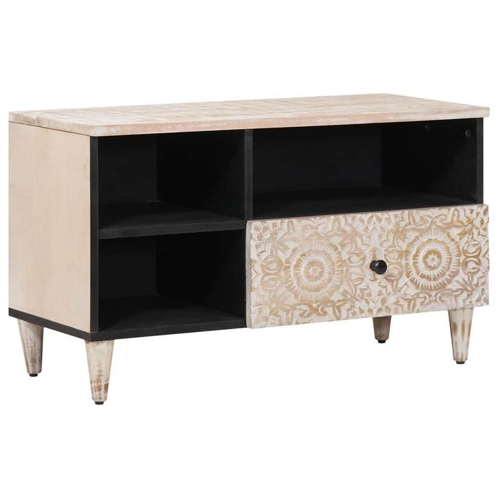 vidaXL TV Kast met lade Wit 80 x 33,5 x 46 cm Massief Mango, Maison & Meubles, Accessoires pour la Maison | Étagères pour CD & DVD