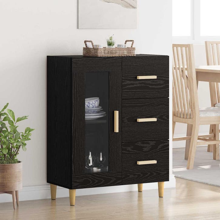 vidaXL Dressoir Zwart Eiken 69,5 x 34 x 90 cm Bewerkt hout, Huis en Inrichting, Kasten | Dressoirs, Nieuw, Verzenden
