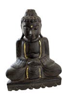 handgesneden houten Boeddha beeld met wat goudaccenten -